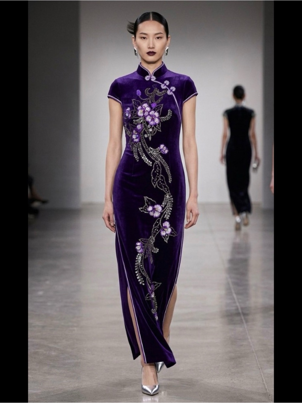 Silver Dragon Purple Velvet Beaded Embroidered Cheongsam Maxi Side Slits Dress L